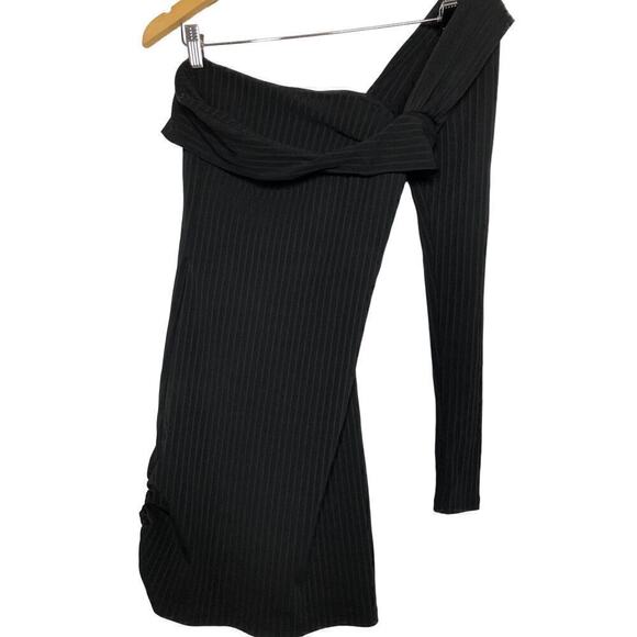 Baja East Dress Striped Drastic One Shoulder Long Sleeve Sheath Mini Black 2 - Picture 6 of 10
